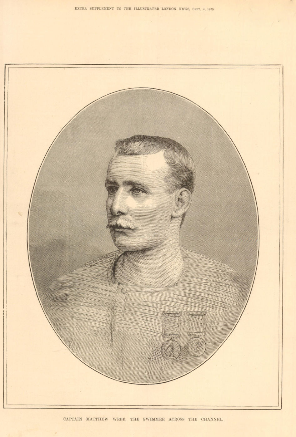 Captain Matthew Webb, the swimmer across the Channel. England 1875 old print